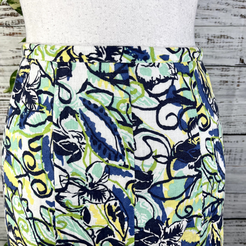 JM Collection Skirt 16 Petite Blue Green Yellow Floral Linen Calf Midi Hawaii - Picture 5 of 13